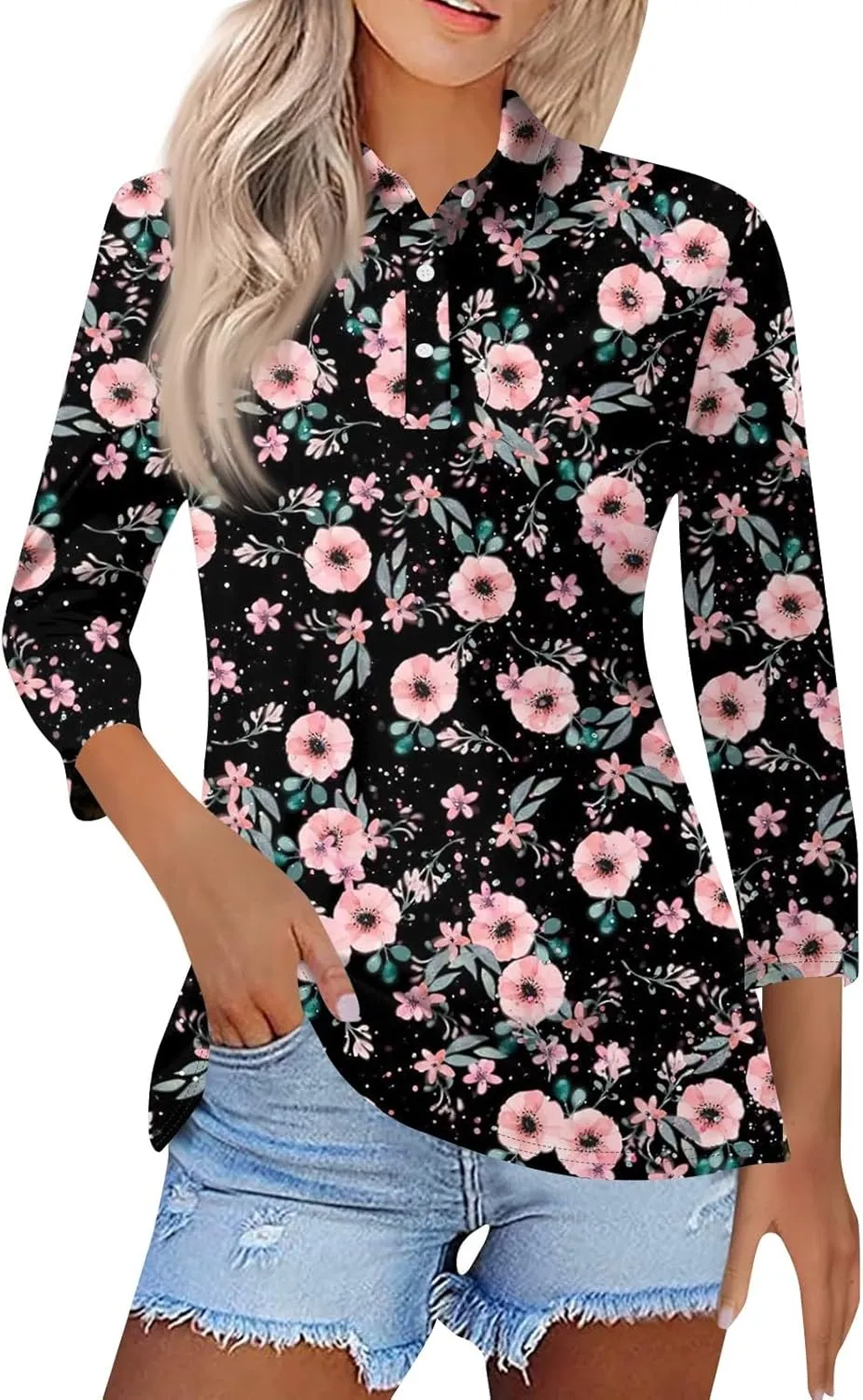 3/4 Sleeve Tops Polo Shirts for Women,Vintage Printed V Neck T Shirt Casual Blouses Button Down Pullover S-3Xl