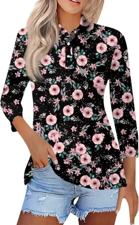 3/4 Sleeve Tops Polo Shirts for Women,Vintage Printed V Neck T Shirt Casual Blouses Button Down Pullover S-3Xl
