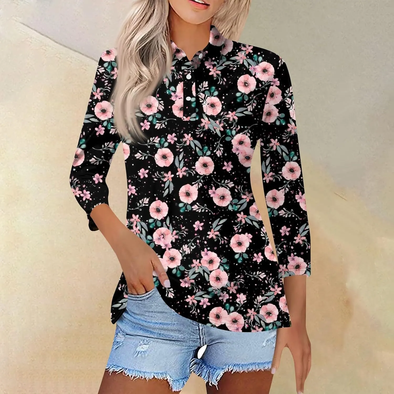 3/4 Sleeve Tops Polo Shirts for Women,Vintage Printed V Neck T Shirt Casual Blouses Button Down Pullover S-3Xl