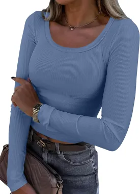 ANRABESS Women Long Sleeve Crop Tops Scoop Neck Ribbed Knit Tight Slim Fit 2025 Fall Going Out Sexy T-Shirts Basic Tee Shirts