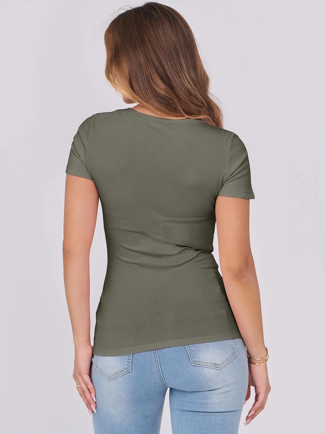 ANRABESS Women Short Sleeve Tops Scoop Neck Ribbed Knit Slim Fitted Basic Tee Shirts 2025 Casual Summer Trendy Clothes