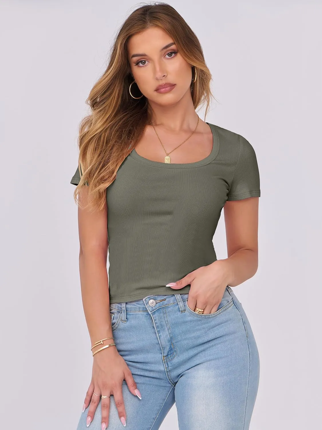 ANRABESS Women Short Sleeve Tops Scoop Neck Ribbed Knit Slim Fitted Basic Tee Shirts 2025 Casual Summer Trendy Clothes