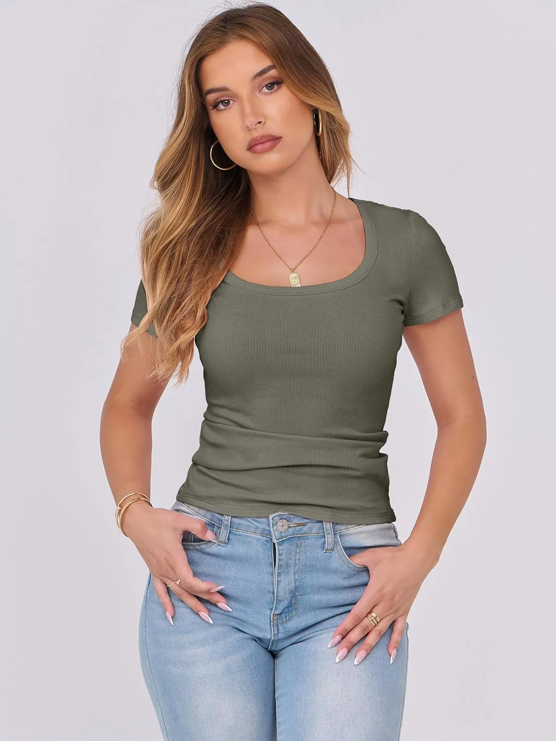 ANRABESS Women Short Sleeve Tops Scoop Neck Ribbed Knit Slim Fitted Basic Tee Shirts 2025 Casual Summer Trendy Clothes