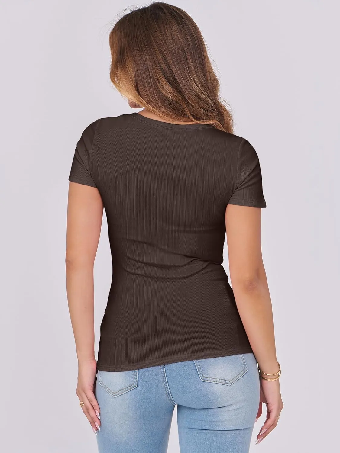 ANRABESS Women Short Sleeve Tops Scoop Neck Ribbed Knit Slim Fitted Basic Tee Shirts 2025 Casual Summer Trendy Clothes