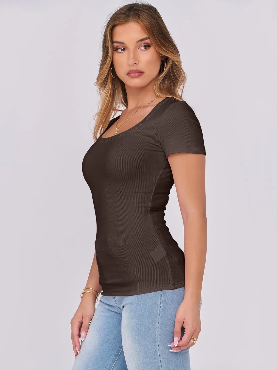 ANRABESS Women Short Sleeve Tops Scoop Neck Ribbed Knit Slim Fitted Basic Tee Shirts 2025 Casual Summer Trendy Clothes