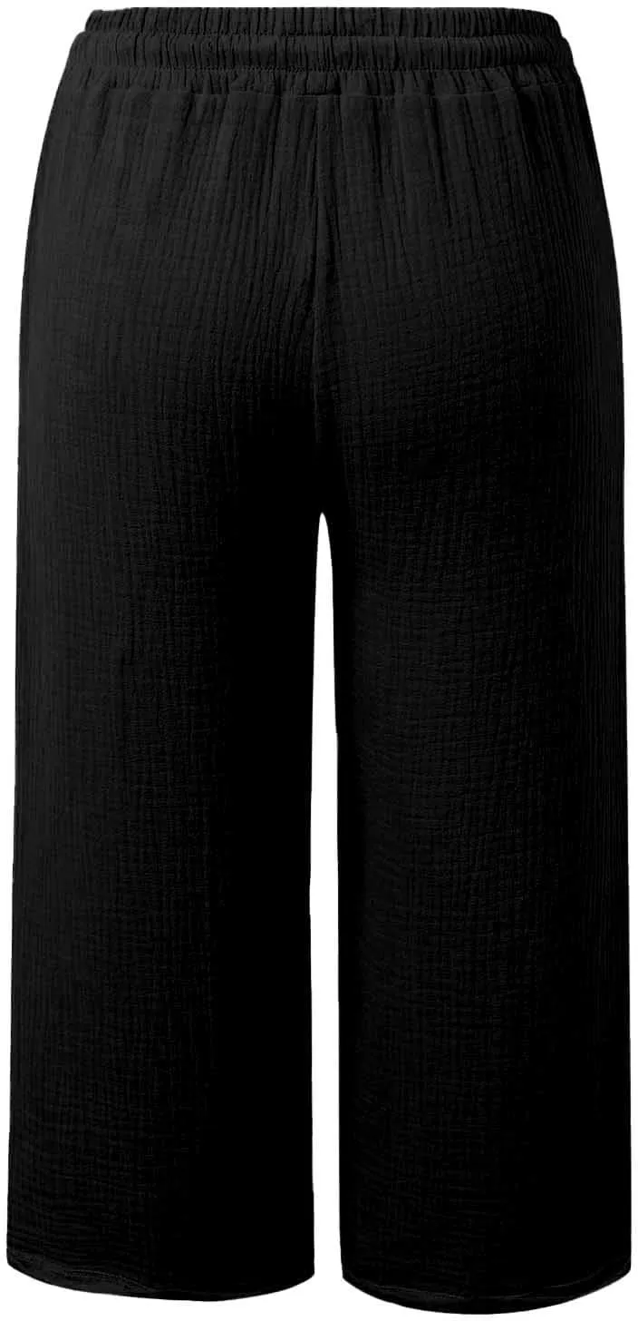 Capri Pants for Women Cotton Linen Capris Summer High Waisted Straight Wide Leg Pants Casual Loose Trousers with Pockets