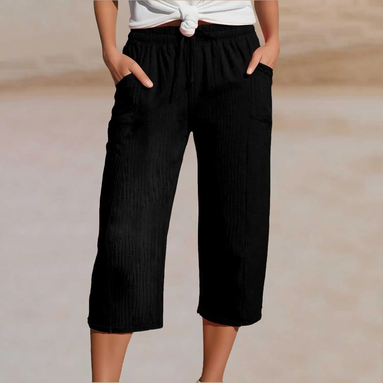 Capri Pants for Women Cotton Linen Capris Summer High Waisted Straight Wide Leg Pants Casual Loose Trousers with Pockets