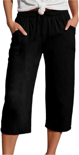 Capri Pants for Women Cotton Linen Capris Summer High Waisted Straight Wide Leg Pants Casual Loose Trousers with Pockets