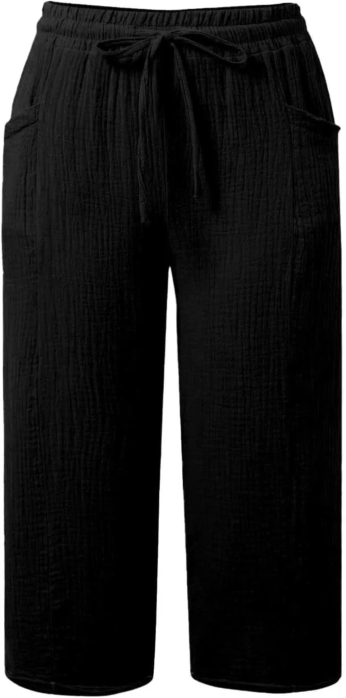 Capri Pants for Women Cotton Linen Capris Summer High Waisted Straight Wide Leg Pants Casual Loose Trousers with Pockets