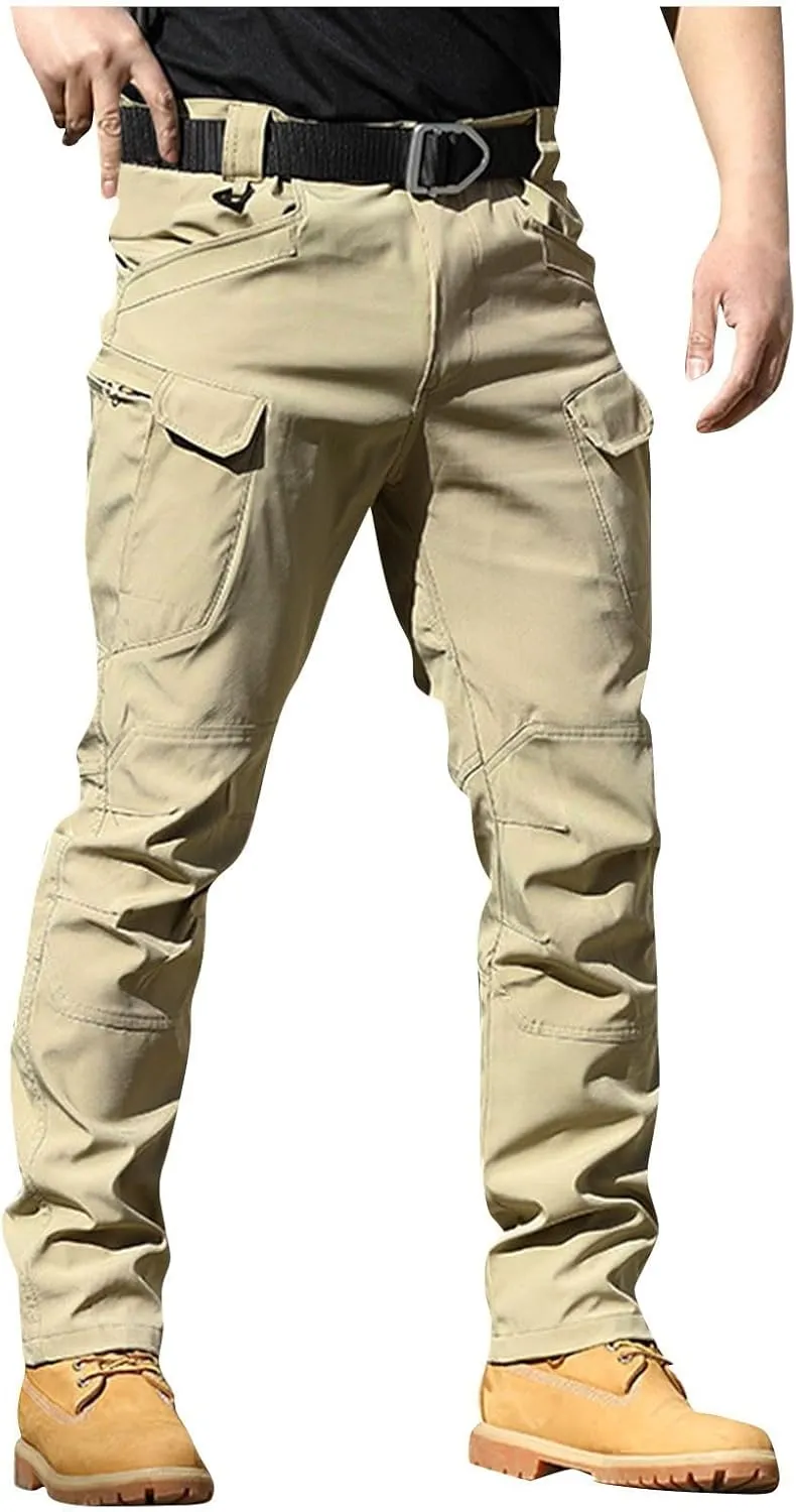 Cargo Pants for Men Multi Pocket Athletic Trousers Military Fan Elastic Waistband Casual Overalls Hiking Pants