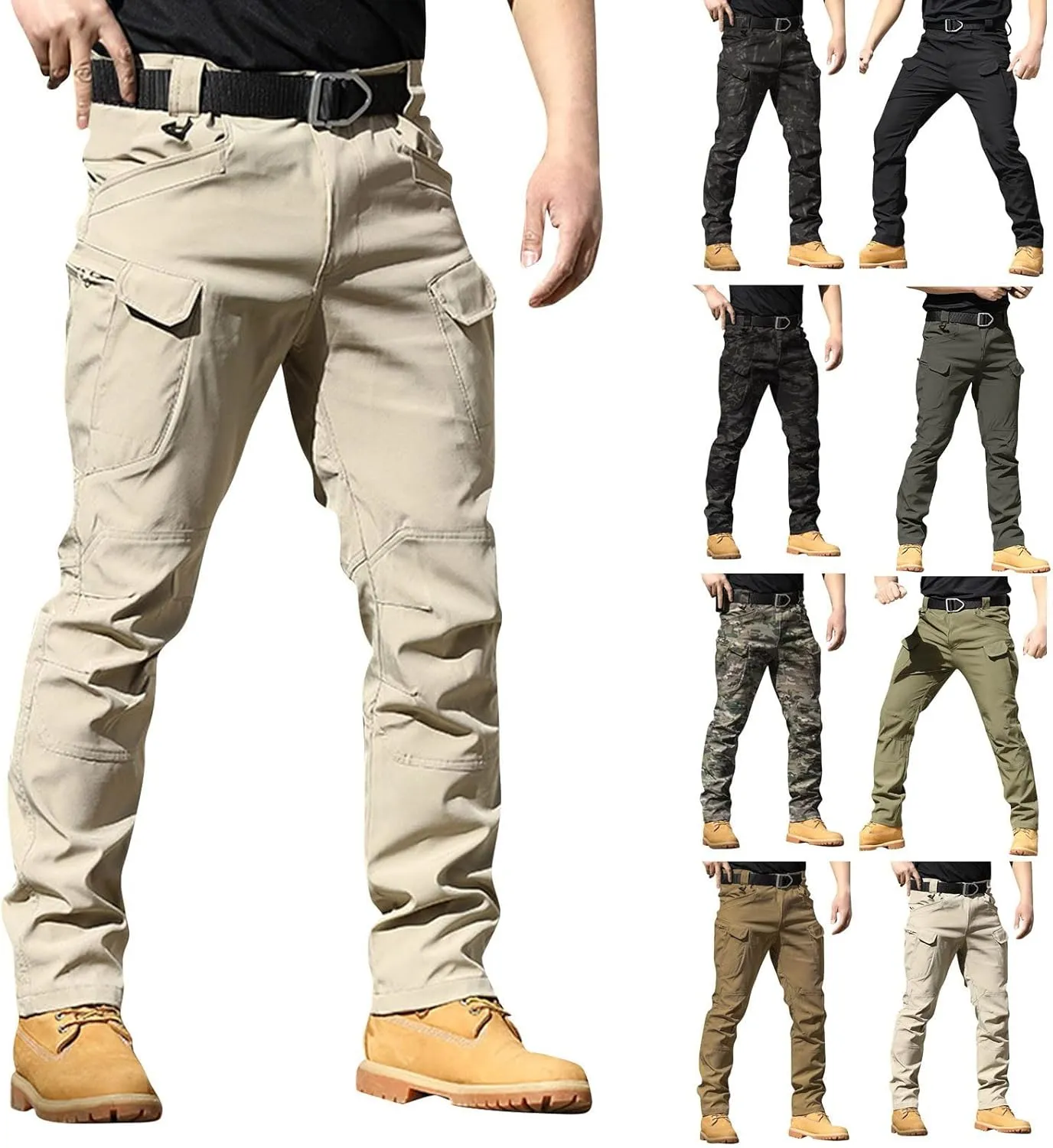 Cargo Pants for Men Multi Pocket Athletic Trousers Military Fan Elastic Waistband Casual Overalls Hiking Pants
