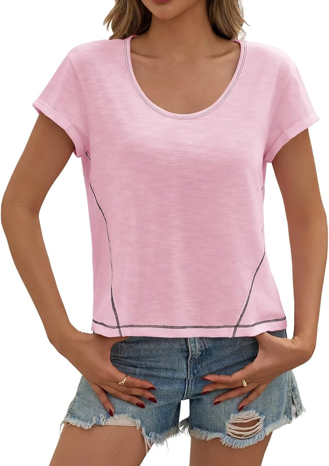Cicy Bell Womens Cropped Scoop Neck Tshirts Summer Cap Short Sleeve Exposed Seam Tops Casual Loose Fit Cotton Tee Shirts