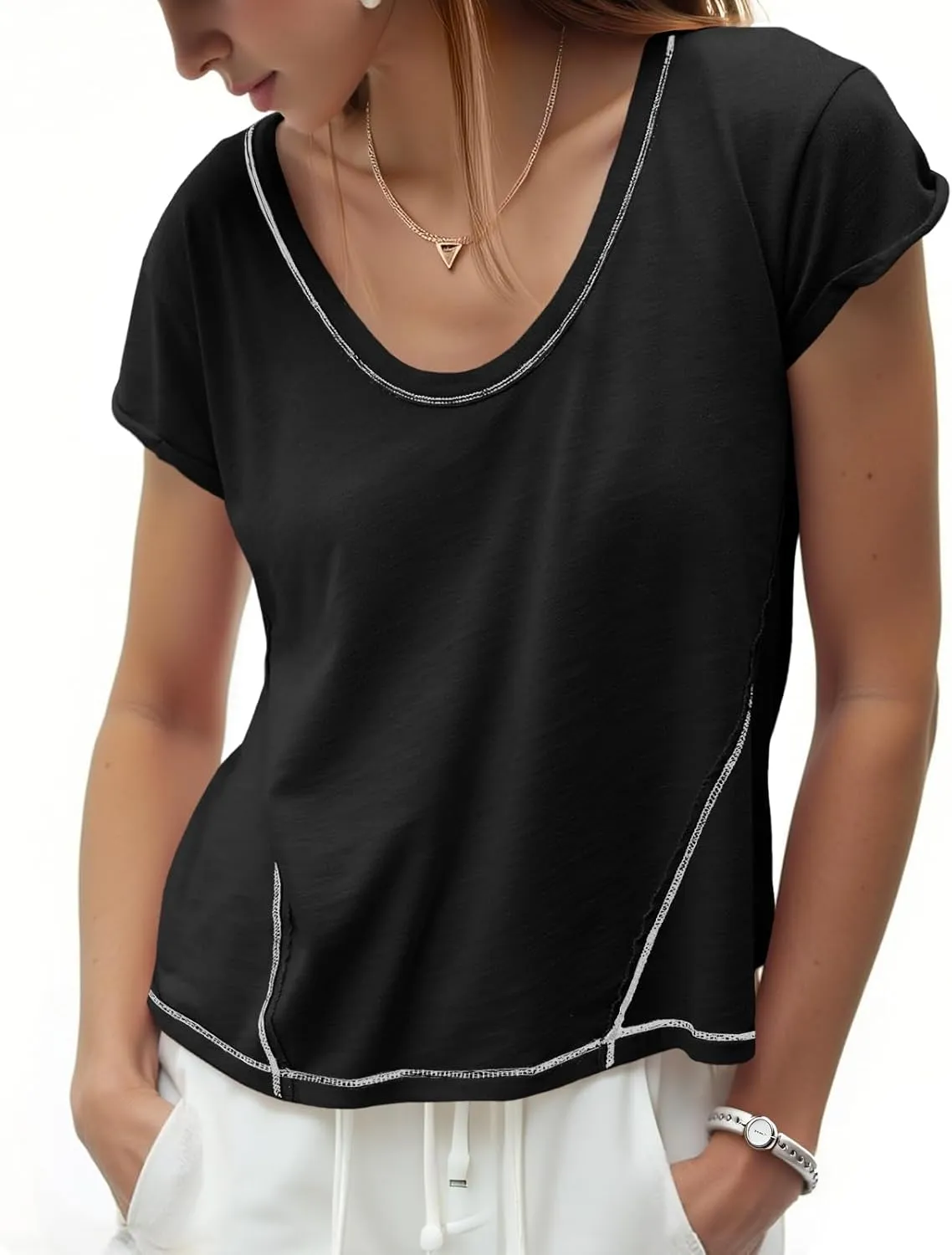 Cicy Bell Womens Cropped Scoop Neck Tshirts Summer Cap Short Sleeve Exposed Seam Tops Casual Loose Fit Cotton Tee Shirts