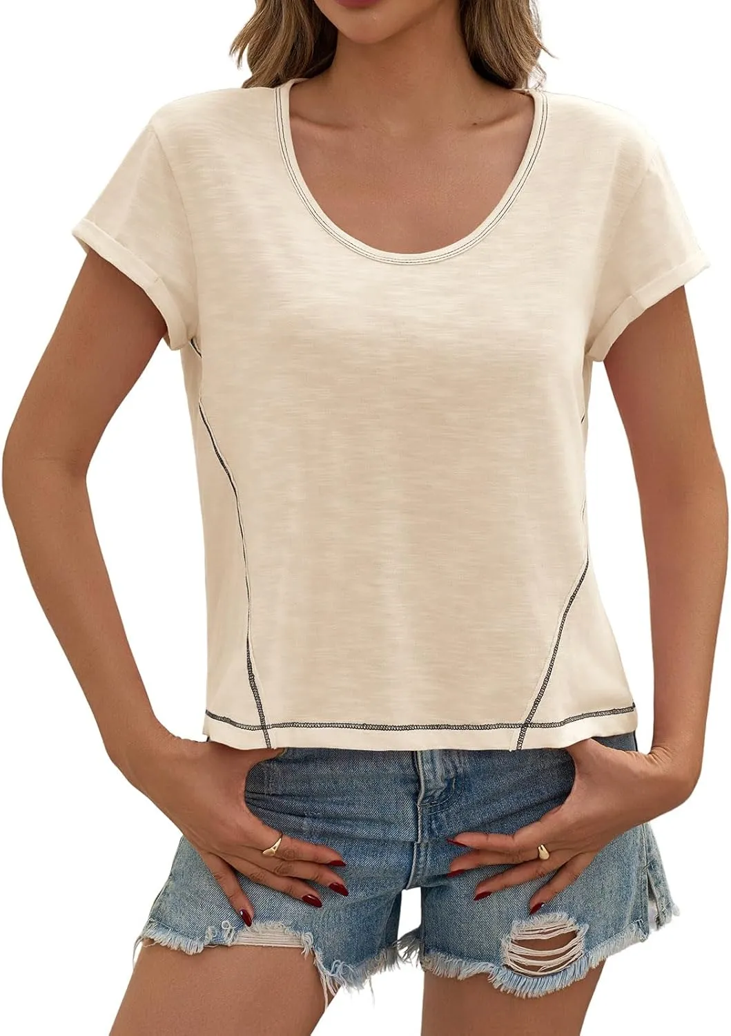 Cicy Bell Womens Cropped Scoop Neck Tshirts Summer Cap Short Sleeve Exposed Seam Tops Casual Loose Fit Cotton Tee Shirts