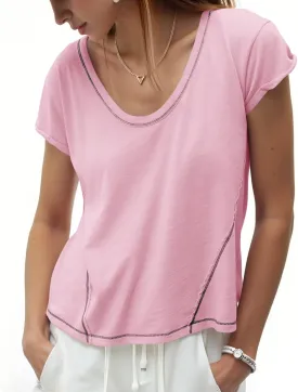 Cicy Bell Womens Cropped Scoop Neck Tshirts Summer Cap Short Sleeve Exposed Seam Tops Casual Loose Fit Cotton Tee Shirts