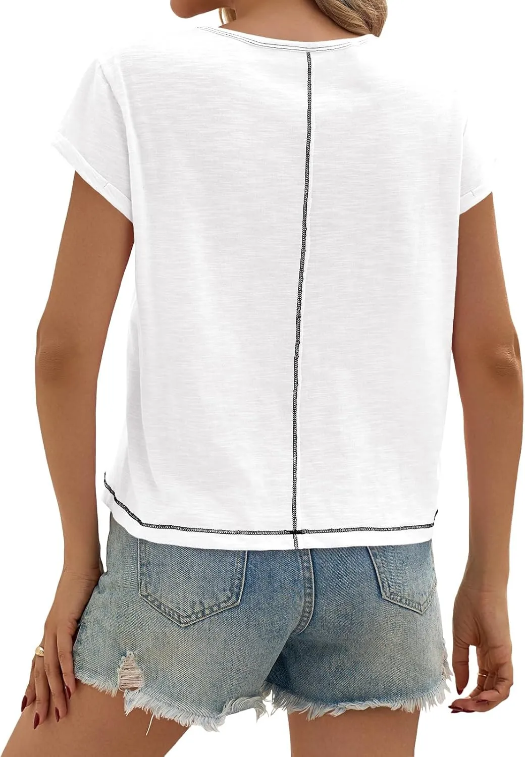 Cicy Bell Womens Cropped Scoop Neck Tshirts Summer Cap Short Sleeve Exposed Seam Tops Casual Loose Fit Cotton Tee Shirts