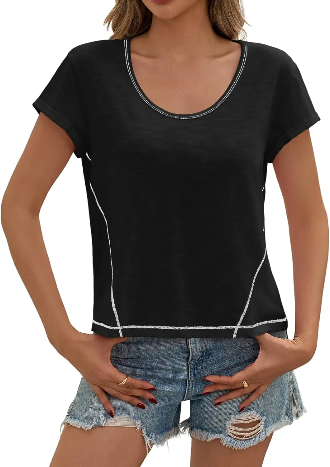 Cicy Bell Womens Cropped Scoop Neck Tshirts Summer Cap Short Sleeve Exposed Seam Tops Casual Loose Fit Cotton Tee Shirts