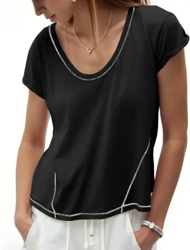 Cicy Bell Womens Cropped Scoop Neck Tshirts Summer Cap Short Sleeve Exposed Seam Tops Casual Loose Fit Cotton Tee Shirts