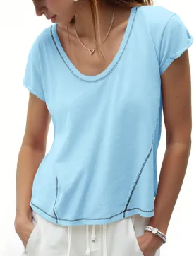 Cicy Bell Womens Cropped Scoop Neck Tshirts Summer Cap Short Sleeve Exposed Seam Tops Casual Loose Fit Cotton Tee Shirts