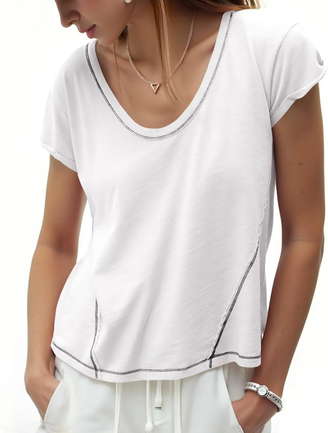 Cicy Bell Womens Cropped Scoop Neck Tshirts Summer Cap Short Sleeve Exposed Seam Tops Casual Loose Fit Cotton Tee Shirts