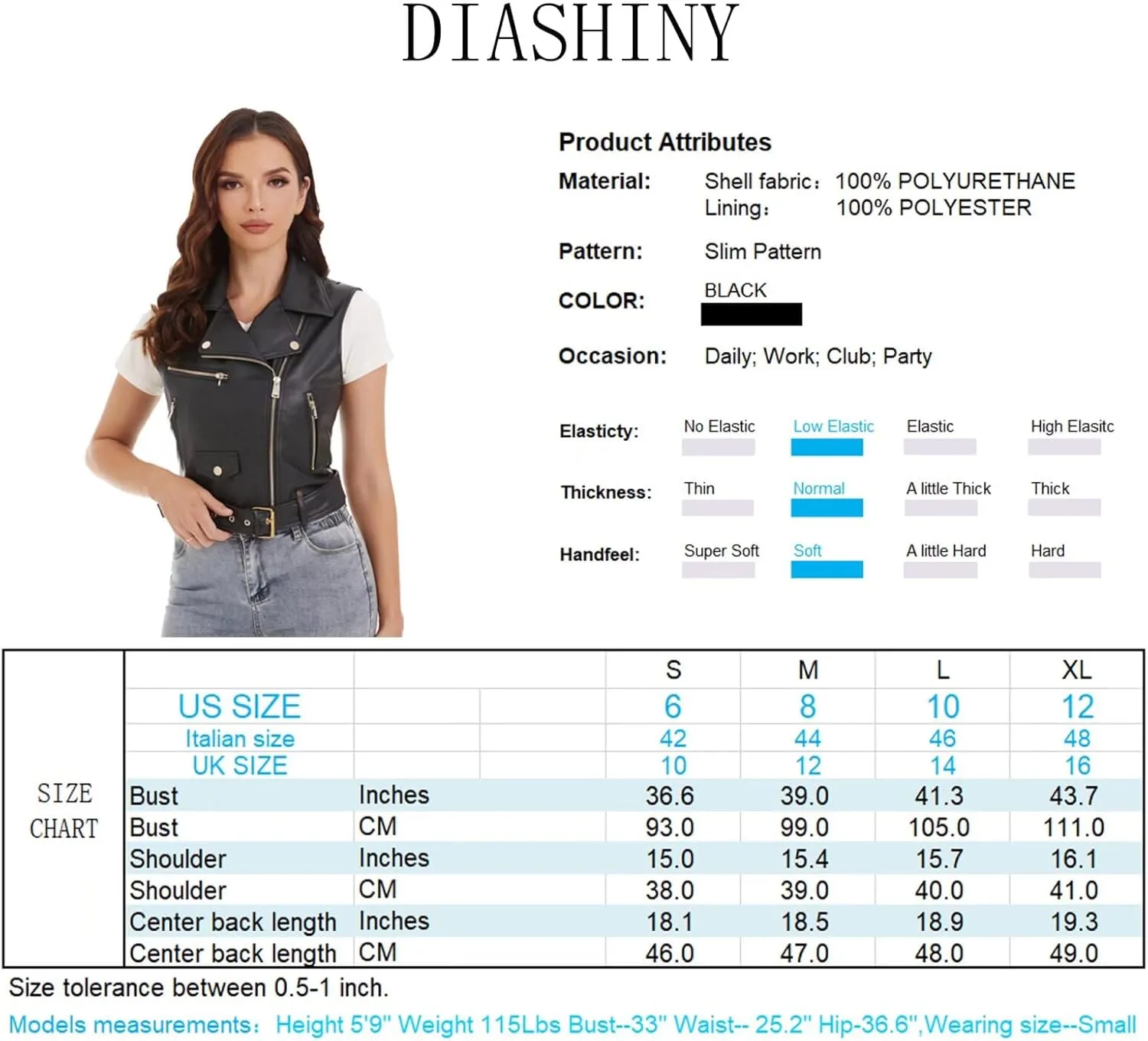 DIASHINY Faux Leather Vest For Women Lapel Sleeveless Moto Slim Fit PU Motorcycle Biker Waistcoat