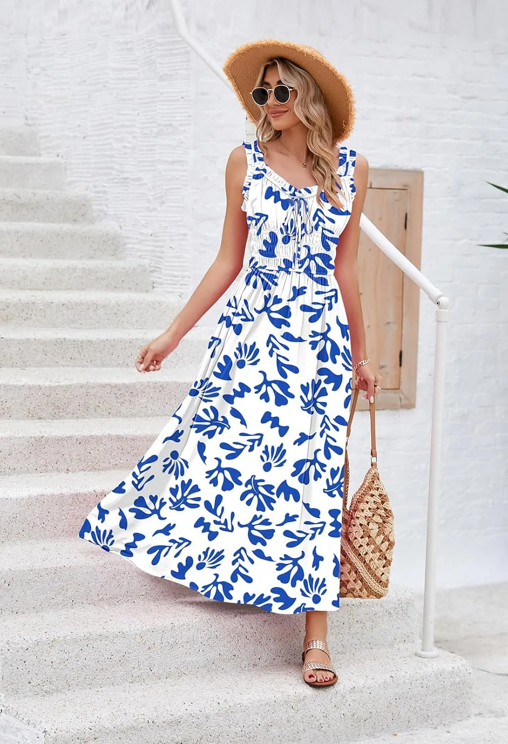 Duigluw Women 2025 Summer Sleeveless Smocked Empire Waist Tank Dress Summer Beach Tiered Long Dresses Sundress