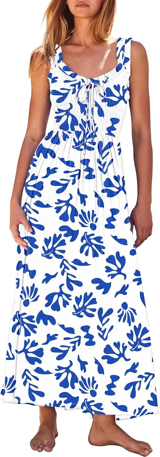 Duigluw Women 2025 Summer Sleeveless Smocked Empire Waist Tank Dress Summer Beach Tiered Long Dresses Sundress