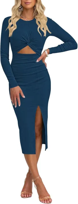 Duigluw Women Cutout Long Sleeve Crewneck Twist Front Crisscross Ruched Split Bodycon Midi Dress