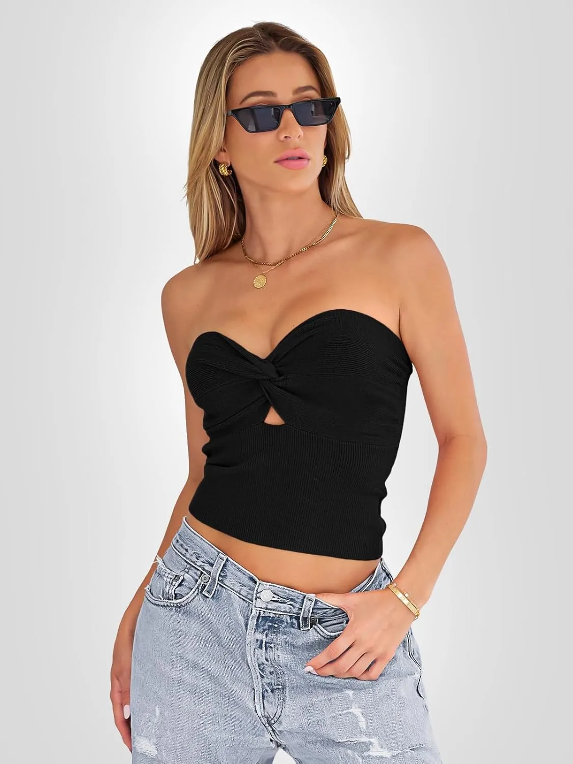 EFAN Womens Tube Tops Going Out Cut Twist Knot Front Bandeau Ribbed Knit Y2K Strapless Tank Bustier Corset Clothes