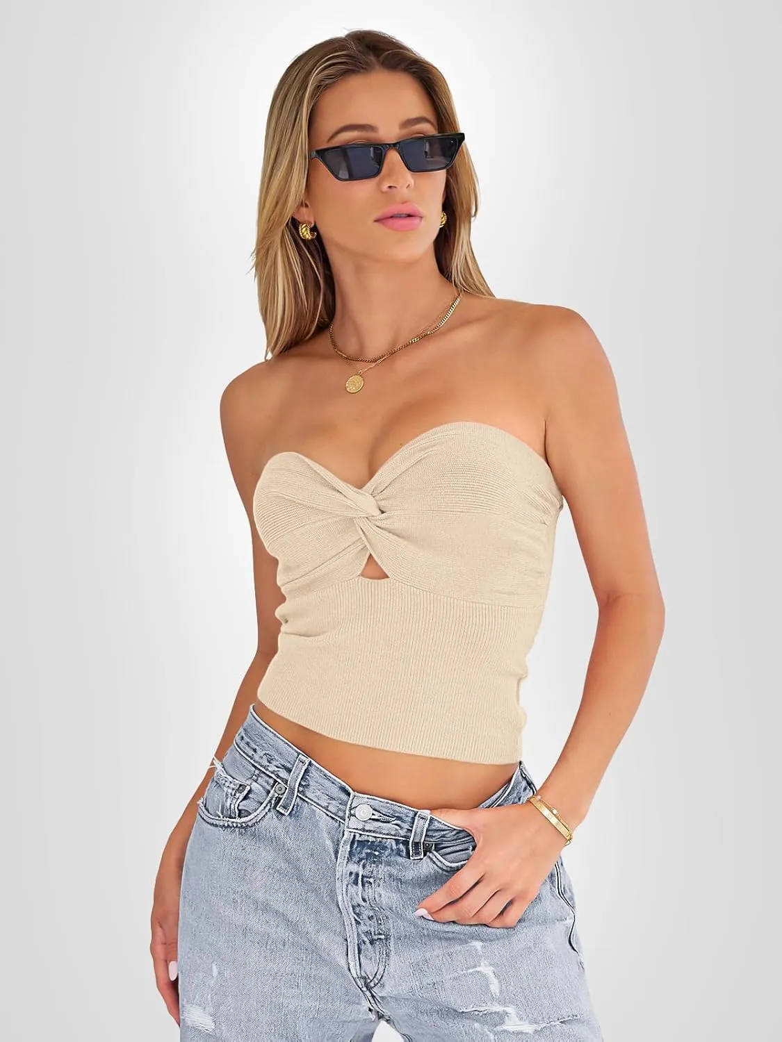 EFAN Womens Tube Tops Going Out Cut Twist Knot Front Bandeau Ribbed Knit Y2K Strapless Tank Bustier Corset Clothes
