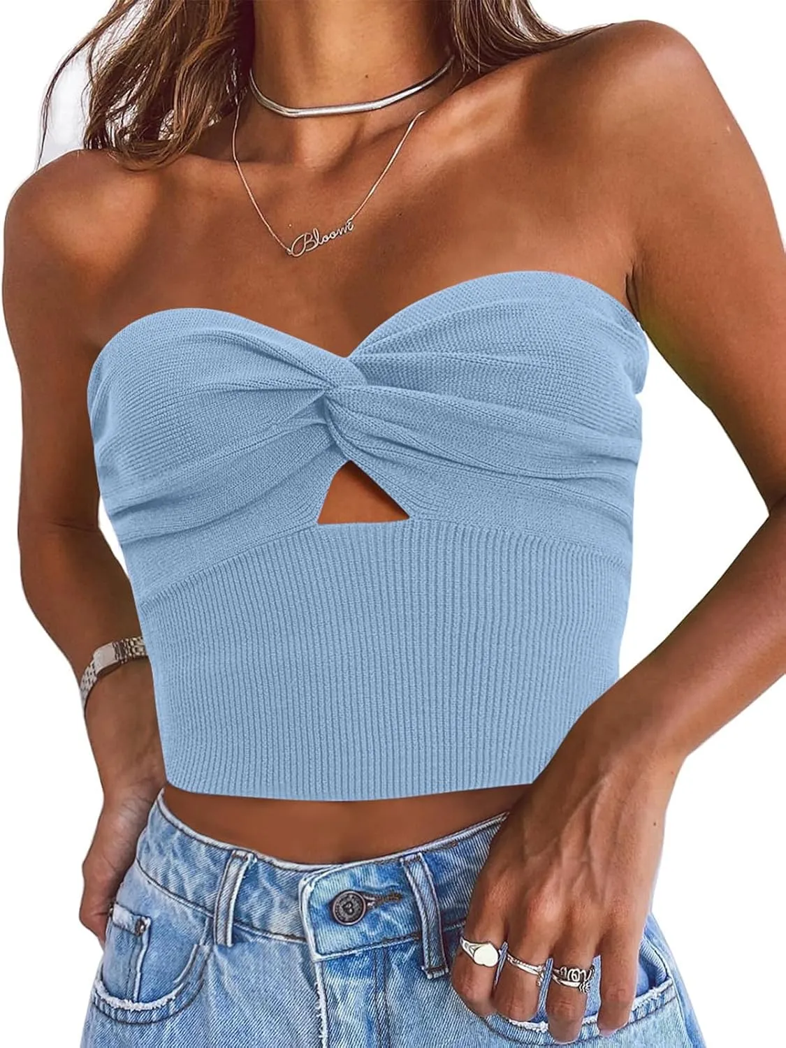 EFAN Womens Tube Tops Going Out Cut Twist Knot Front Bandeau Ribbed Knit Y2K Strapless Tank Bustier Corset Clothes