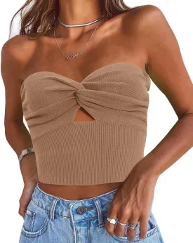 EFAN Womens Tube Tops Going Out Cut Twist Knot Front Bandeau Ribbed Knit Y2K Strapless Tank Bustier Corset Clothes
