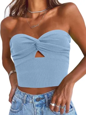 EFAN Womens Tube Tops Going Out Cut Twist Knot Front Bandeau Ribbed Knit Y2K Strapless Tank Bustier Corset Clothes