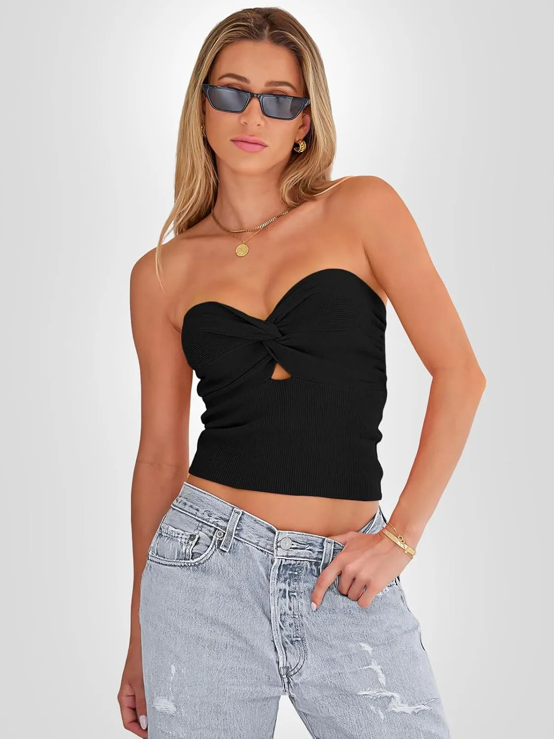 EFAN Womens Tube Tops Going Out Cut Twist Knot Front Bandeau Ribbed Knit Y2K Strapless Tank Bustier Corset Clothes