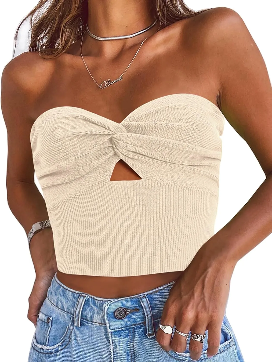 EFAN Womens Tube Tops Going Out Cut Twist Knot Front Bandeau Ribbed Knit Y2K Strapless Tank Bustier Corset Clothes