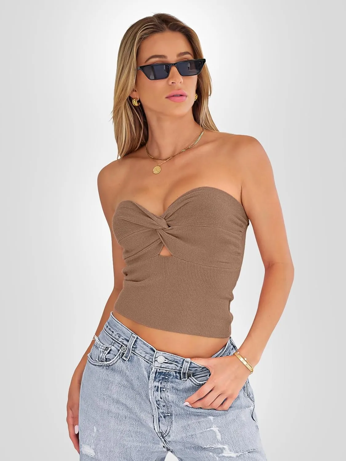 EFAN Womens Tube Tops Going Out Cut Twist Knot Front Bandeau Ribbed Knit Y2K Strapless Tank Bustier Corset Clothes