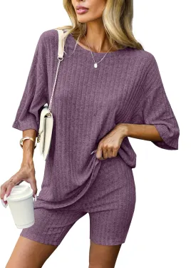Ekouaer Pajamas 2 Piece Lounge Sets Ribbed Knit Matching Outfits T-shirt Biker Shorts Sleepwear Loungewear Sweatsuits