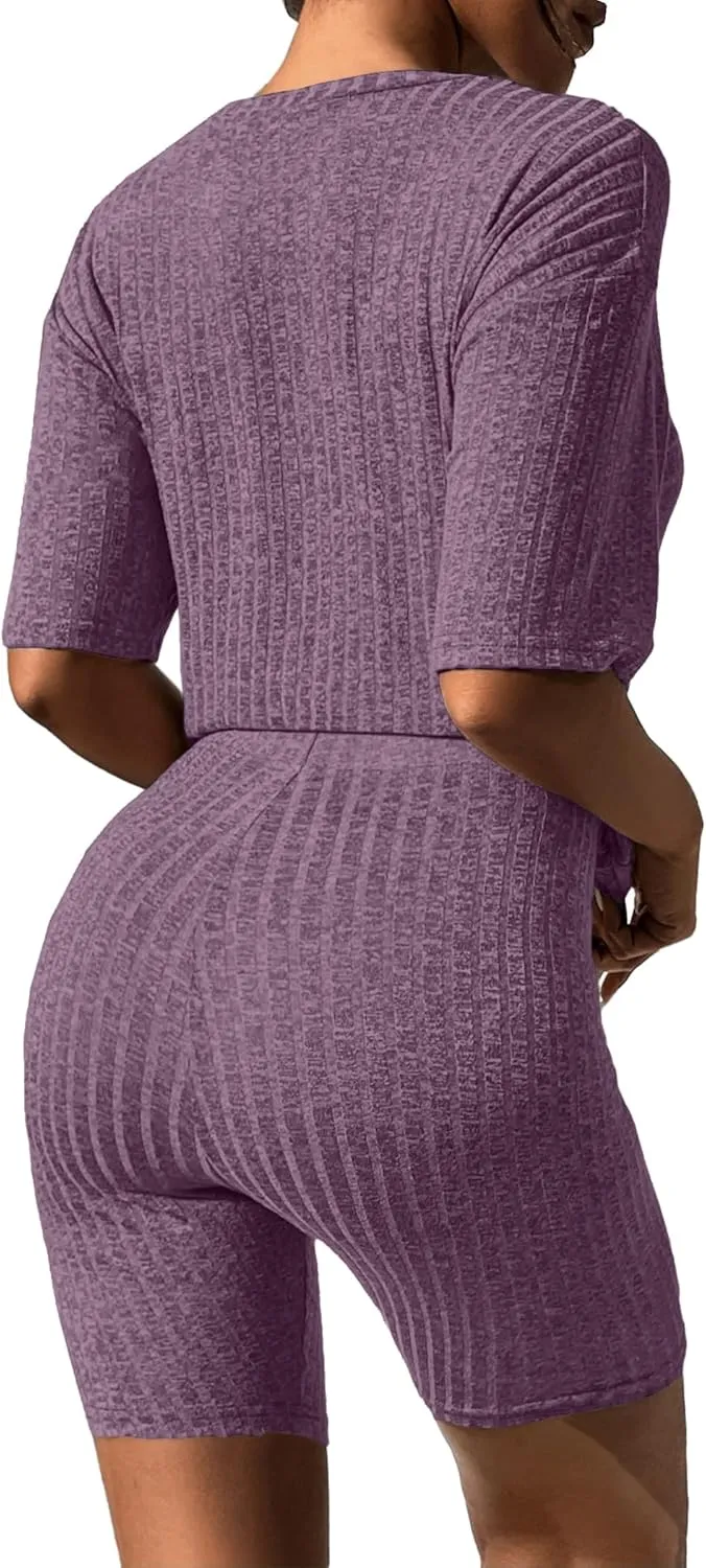 Ekouaer Pajamas 2 Piece Lounge Sets Ribbed Knit Matching Outfits T-shirt Biker Shorts Sleepwear Loungewear Sweatsuits