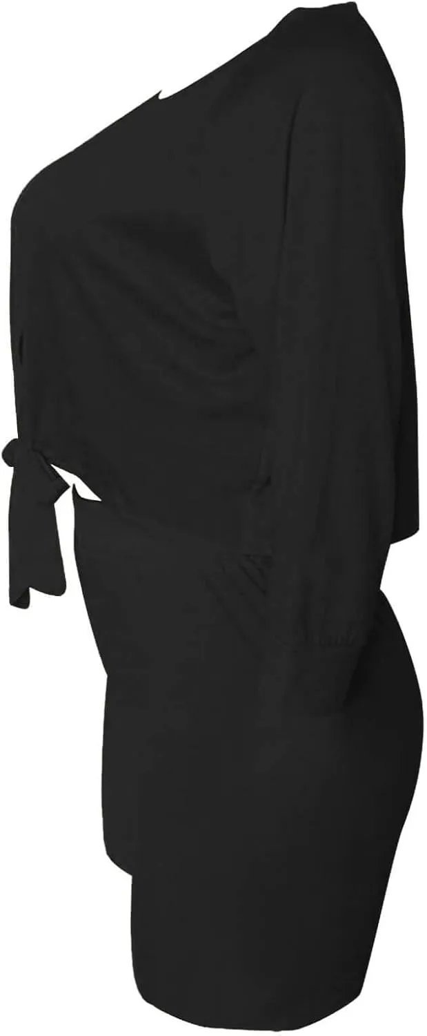 FANDEE 2 Piece Outfits for Women 3/4 Sleeve Off Shoulder Summer Tracksuits Tie up Top Biker Short Sets Clubwear