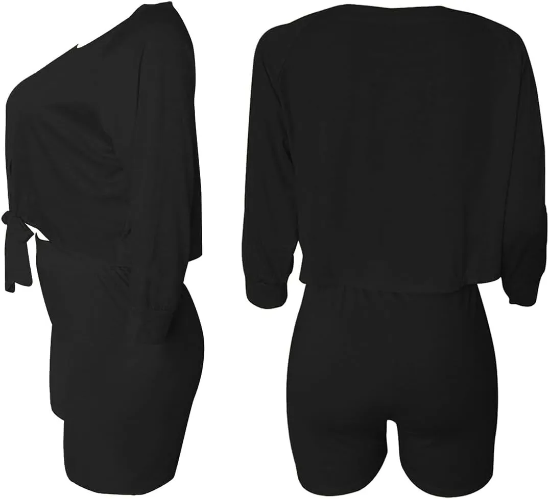 FANDEE 2 Piece Outfits for Women 3/4 Sleeve Off Shoulder Summer Tracksuits Tie up Top Biker Short Sets Clubwear