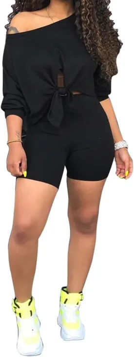 FANDEE 2 Piece Outfits for Women 3/4 Sleeve Off Shoulder Summer Tracksuits Tie up Top Biker Short Sets Clubwear