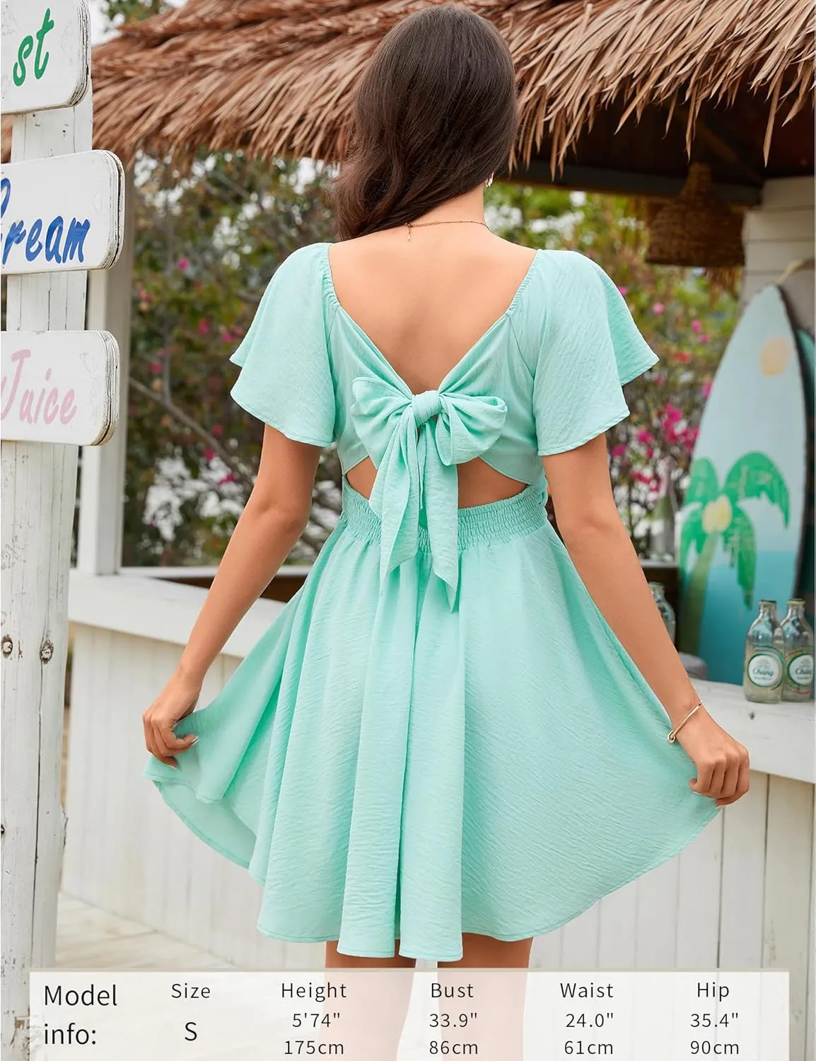 Florboom Women's Sweetheart Knot Front Dress Flutter Sleeve Tie Back A-Line Chiffon Mini Dresses