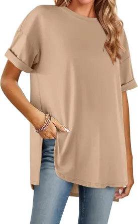 HOTOUCH Womens Oversized T Shirts Crewneck Short Sleeve Workout Blouse Tops Summer Casual Dropped Shoulder Tunic Tee