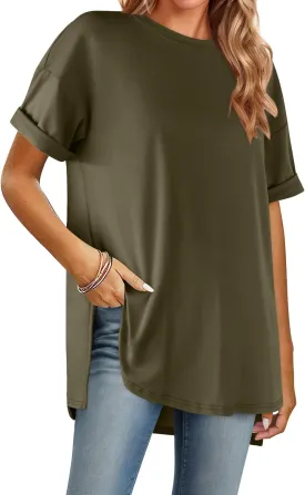 HOTOUCH Womens Oversized T Shirts Crewneck Short Sleeve Workout Blouse Tops Summer Casual Dropped Shoulder Tunic Tee