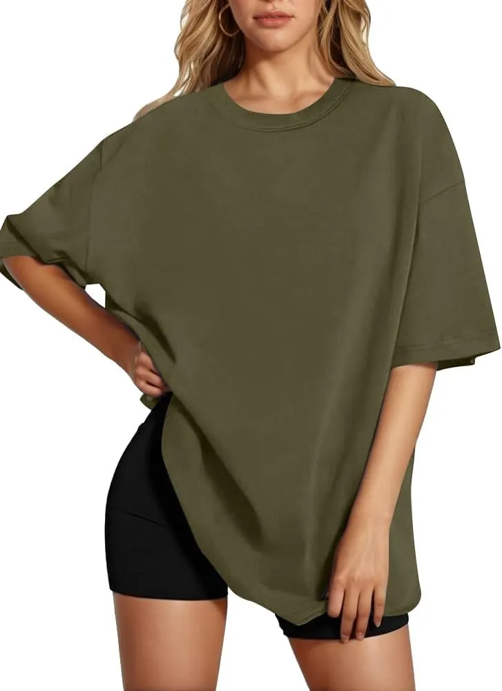 HOTOUCH Womens Oversized T Shirts Crewneck Short Sleeve Workout Blouse Tops Summer Casual Dropped Shoulder Tunic Tee