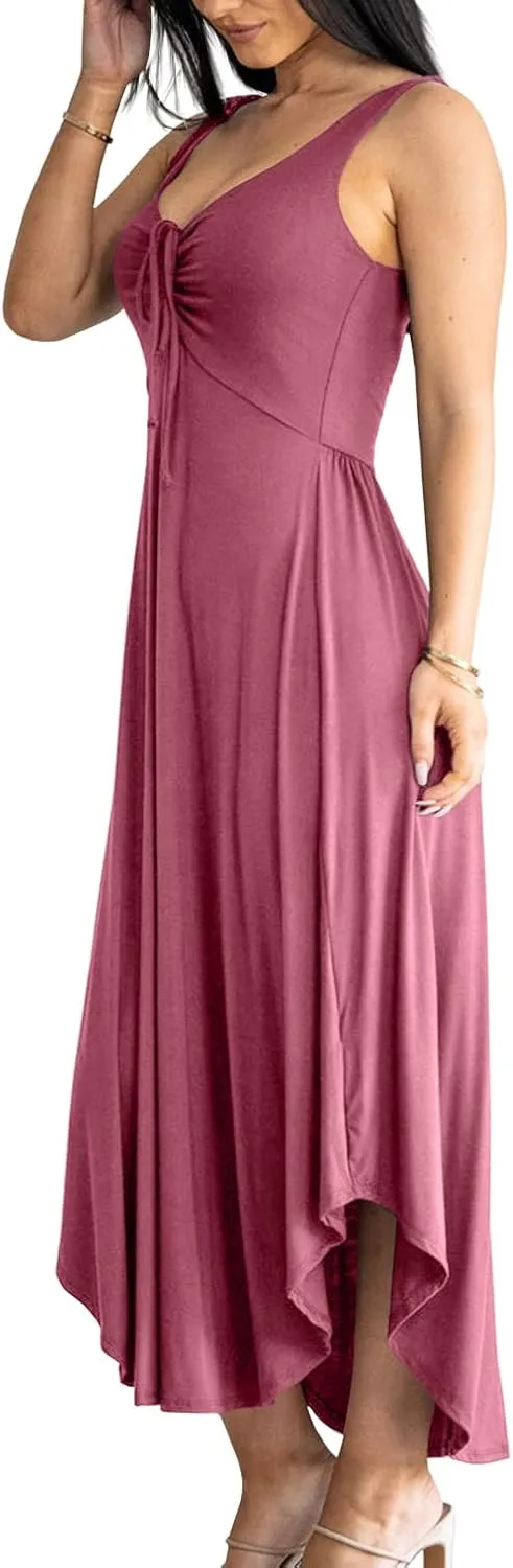 Langwyqu Womens 2025 Summer Sleeveless Tank Dress Empire Waist Asymmetrical Flowy Casual Maxi Dresses