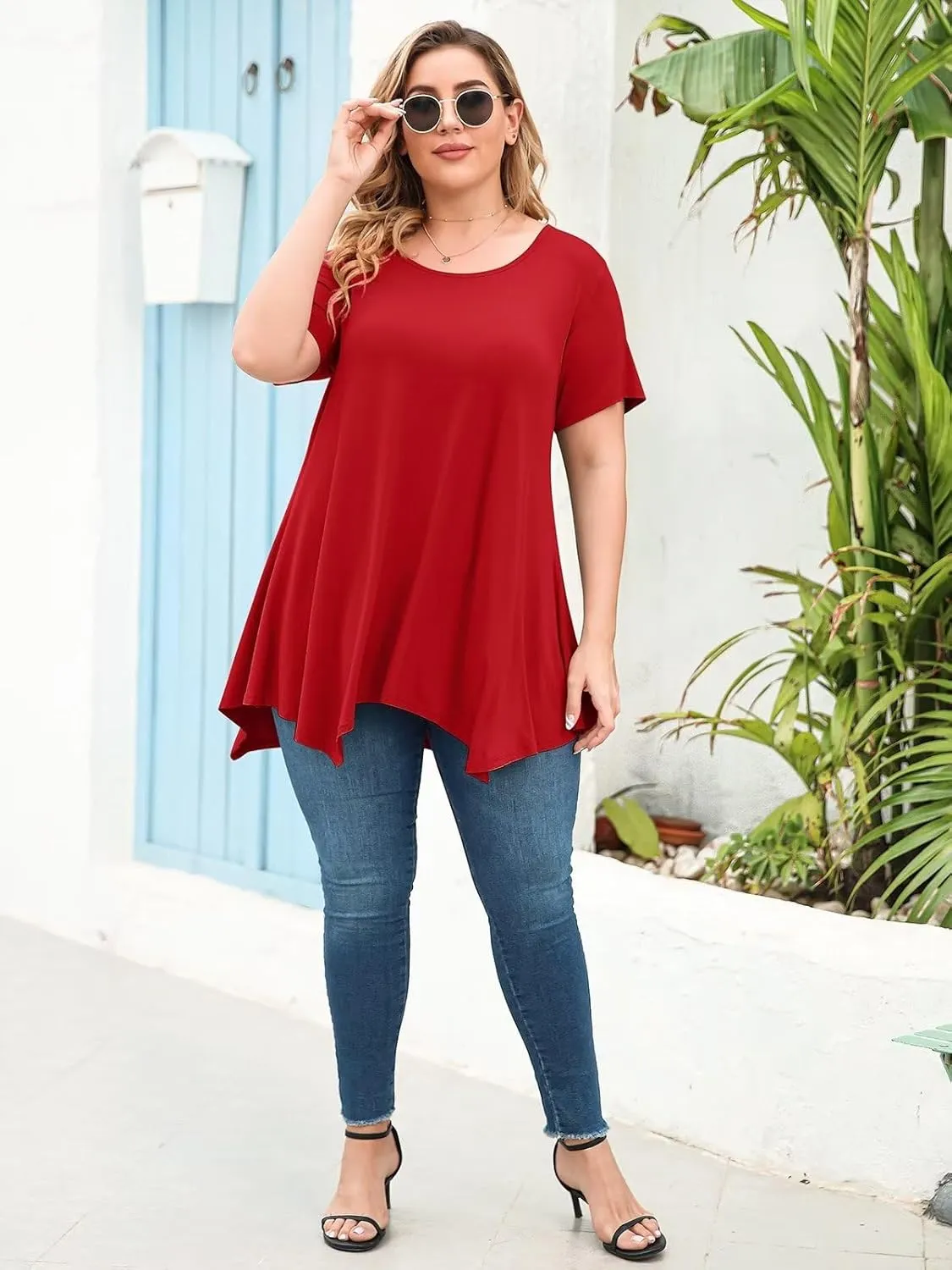 LARACE Short Sleeve Shirts for Womens Plus Size Tops Casual Summer Clothes Asymmetrical Tunic Blouses
