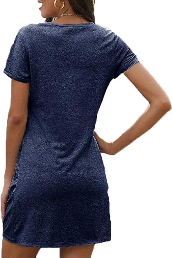 Locryz Women's Summer Twist Knot Tshirt Dresses Casual V Neck Short Sleeve Knot Dress
