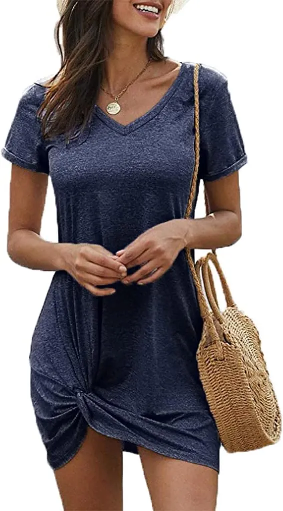 Locryz Women's Summer Twist Knot Tshirt Dresses Casual V Neck Short Sleeve Knot Dress