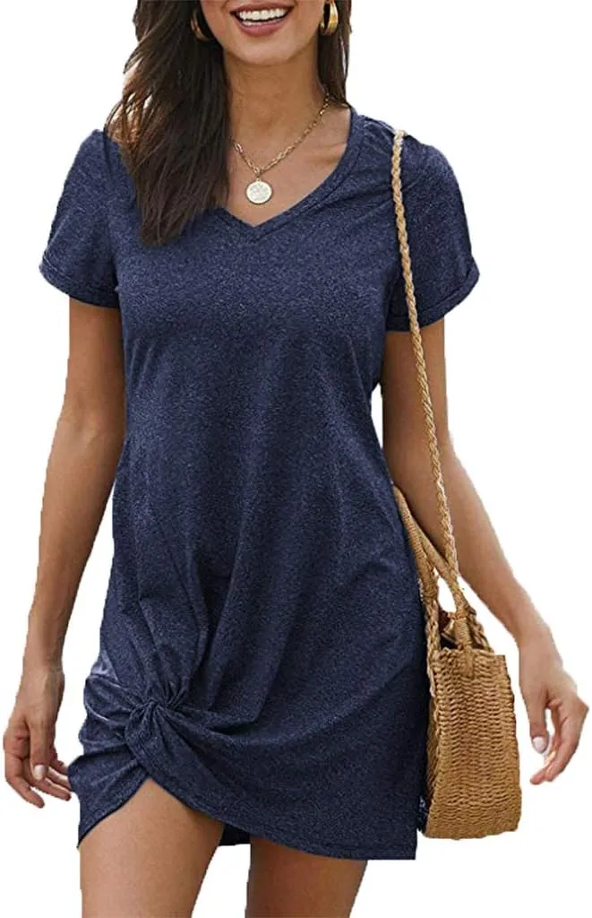 Locryz Women's Summer Twist Knot Tshirt Dresses Casual V Neck Short Sleeve Knot Dress